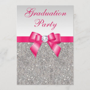 Silver Jewels Hot Pink Bow Girls Graduation Party Einladung