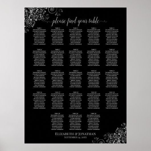 Silver Lace 23 Table Black Wedding Seating Chart Poster (Vorne)