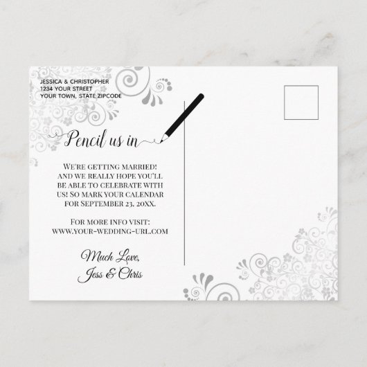 Silver Lace Aquamarin Wedding Save the Date Oval F Ankündigungspostkarte (Rückseite)