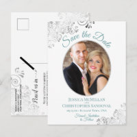 Silver Lace Aquamarin White Wedding Save the Date