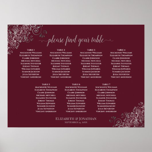 Silver Lace Burgundy 7 Table Wedding Chart Poster (Vorne)