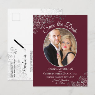 Silver Lace Burgundy Wedding Save the Date Foto Ankündigungspostkarte