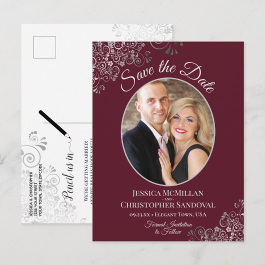 Silver Lace Burgundy Wedding Save the Date Foto Ankündigungspostkarte (Vorne/Hinten)