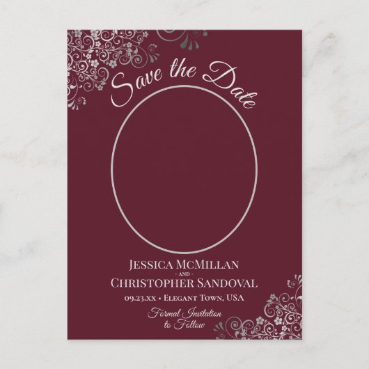 Silver Lace Burgundy Wedding Save the Date Foto Ankündigungspostkarte (Vorderseite)