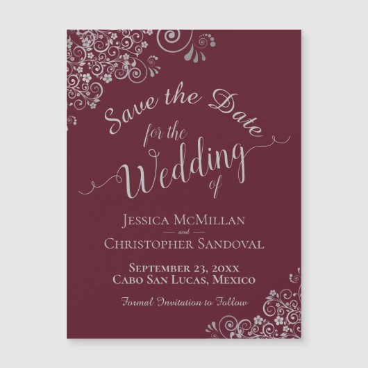Silver Lace Burgundy Wedding Save the Date Magnet (Vorderseite)