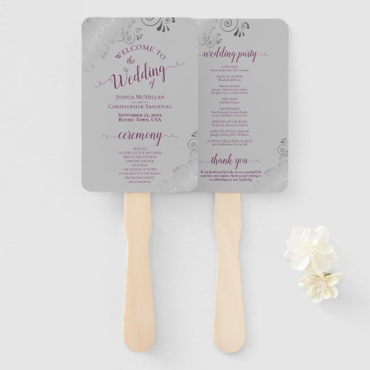 Silver Lace Cassis Lila auf Gray Wedding Program Fächer (Vorne und Hinten)