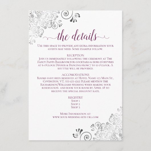 Silver Lace Cassis Lila auf White Wedding Details Begleitkarte (Vorderseite)