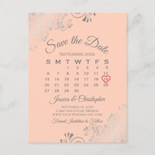 Silver Lace Coral Wedding Save the Date Calendar Ankündigungspostkarte