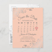 Silver Lace Coral Wedding Save the Date Calendar Ankündigungspostkarte (Vorne/Hinten)