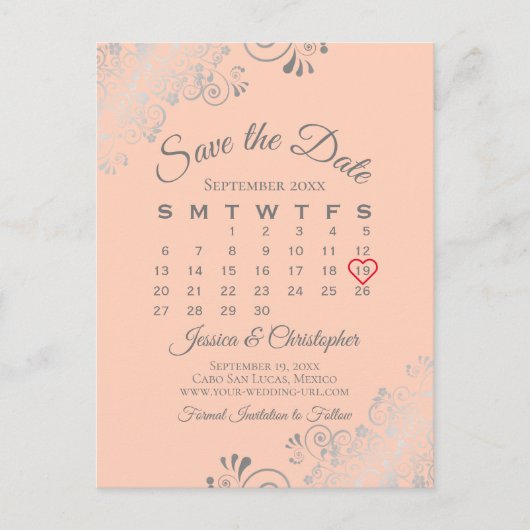 Silver Lace Coral Wedding Save the Date Calendar Ankündigungspostkarte (Vorderseite)