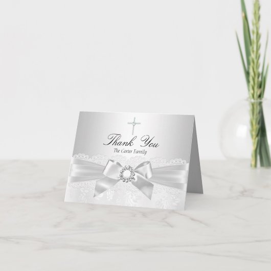Silver Lace & Cross Taufe Danke Karte (Vorderseite)