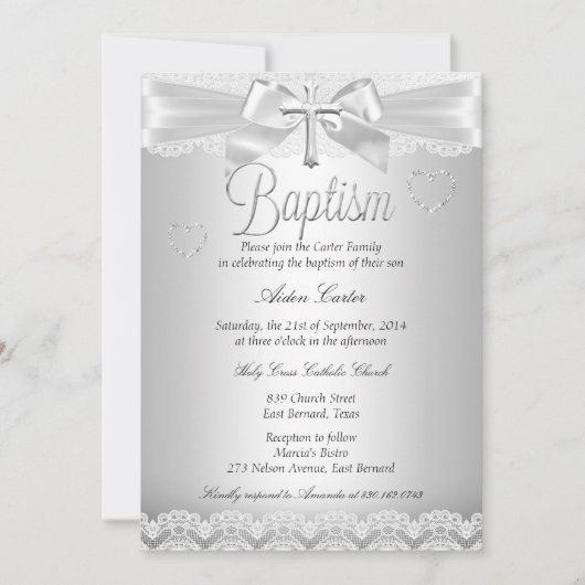 Silver Lace Cross Taufe Junge oder Mädchen Einladung (Vorderseite)