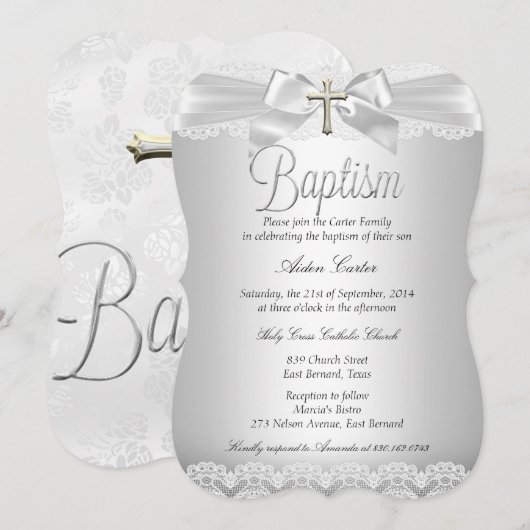Silver Lace & Cross Taufe Junge oder Mädchen Einladung (Vorne/Hinten)