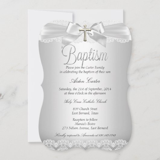 Silver Lace & Cross Taufe Junge oder Mädchen Einladung (Vorderseite)