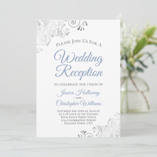 Silver Lace Dusty Blue auf der Rezeption Einladung (Stehend Vorderseite)