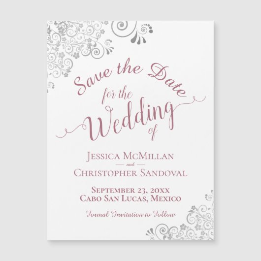 Silver Lace Dusty Rose Save the Date White Magnet (Vorderseite)