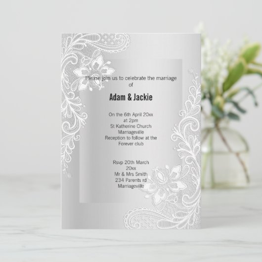 SILVER LACE ELEGANT CLASSY WEDD 2 EINLADUNG (Stehend Vorderseite)