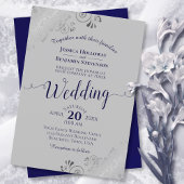 Silver Lace Elegant Navy Blue & Gray Wedding Einladung