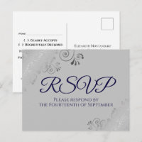 Silver Lace Elegant Navy Blue on Gray Wedding RSVP