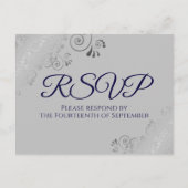 Silver Lace Elegant Navy Blue on Gray Wedding RSVP Postkarte (Vorderseite)