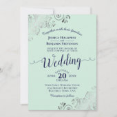 Silver Lace Elegant Neo Mint Green & Navy Hochzeit Einladung (Vorderseite)