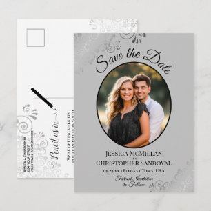 Silver Lace Gray Wedding Save the Date Oval Foto Ankündigungspostkarte