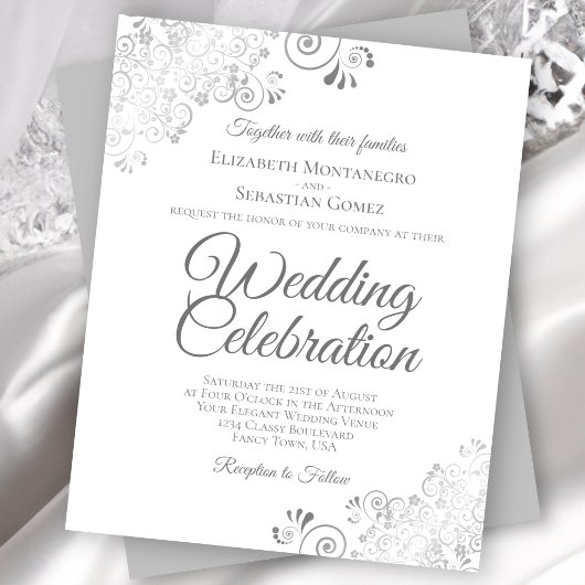 Silver Lace Gray & White BUDGET Hochzeitseinladung