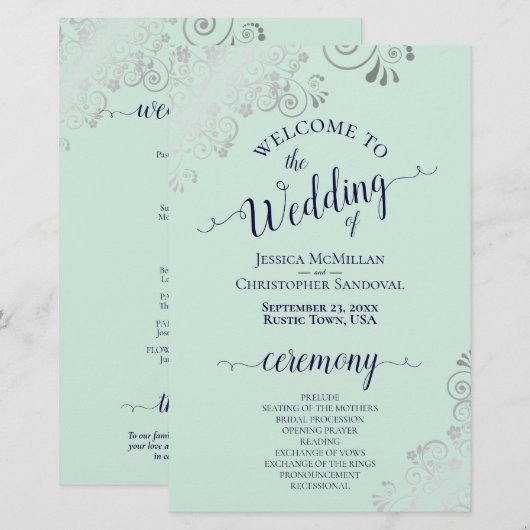 Silver Lace Mint & Navy Budget Hochzeitsprogramm (Vorne/Hinten)