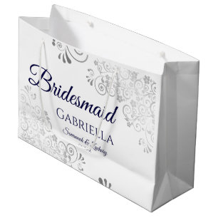 Silver Lace Navy Blue auf White Bridesmaid Wedding Große Geschenktüte