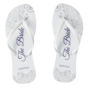 Silver Lace Navy Blue auf White The Bride Wedding Badesandalen