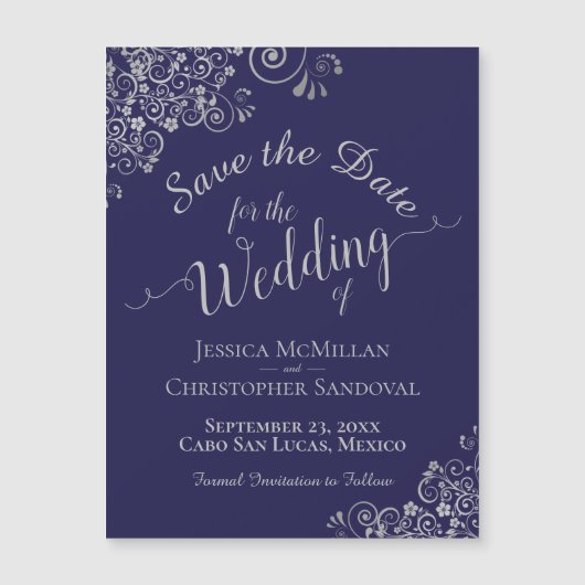 Silver Lace Navy Blue Wedding Save the Date Magnet (Vorderseite)