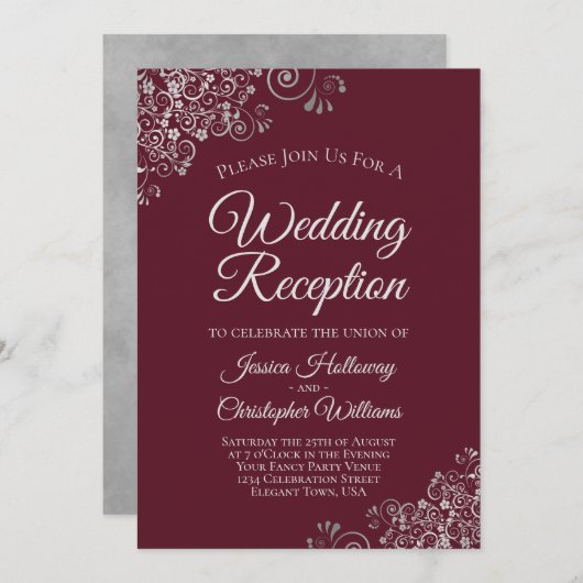 Silver Lace on Burgundy Elegante Wedding Empfang Einladung (Vorne/Hinten)