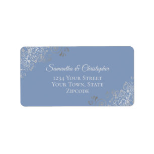 Silver Lace on Dusty Blue Elegant Wedding Address Adressaufkleber