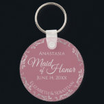 Silver Lace on Dusty Rose Trauzeugin Wedding Schlüsselanhänger<br><div class="desc">Diese wunderschönen Schlüsselanhänger sind so konzipiert, dass sie als Geschenk oder Gastgeschenk Hochzeit an Ihre Trauzeugin gegeben werden. Das elegante Design besticht durch eine kalt silbergraue Imitat-Folie mit hellgrauem Text auf einer staubigen Rose oder einem lila rosa Hintergrund. Es gibt Platz für ihren Namen, das Hochzeitsdatum und die Namen des...</div>