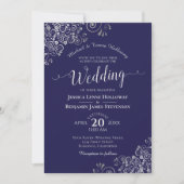Silver Lace on Navy Blue Elegant Formal Wedding Einladung (Vorderseite)