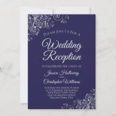 Silver Lace on Navy Blue Elegant Wedding Empfang Einladung (Vorderseite)