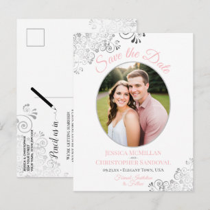 Silver Lace Pink White Wedding Save the Date Foto Ankündigungspostkarte