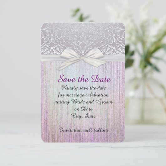 Silver Lace Ribbon Lavendel Pastel Save the Date (Stehend Vorderseite)