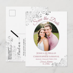 Silver Lace Rose White Wedding Save the Date Foto Ankündigungspostkarte