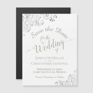 Silver Lace Sage Green Save the Date White Magnet