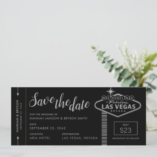 Silver Las Vegas Boarding Pass Save the Date Karte (Stehend Vorderseite)