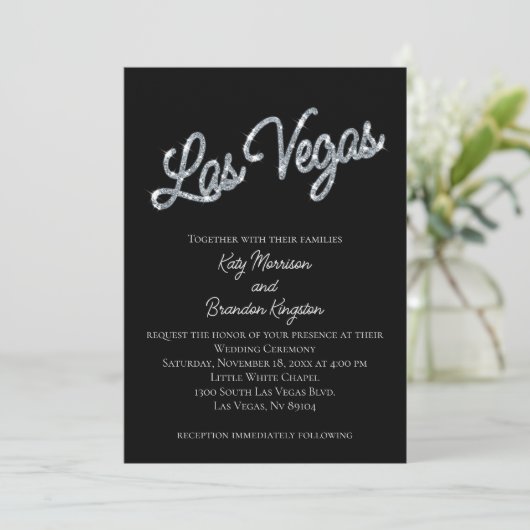 Silver Las Vegas Glitzern Einladung zur Hochzeit (Stehend Vorderseite)