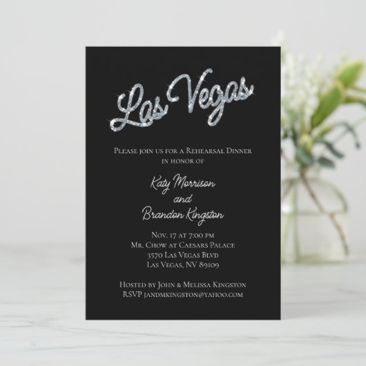 Silver Las Vegas Glitzern Probe Abendessen Einladung (Stehend Vorderseite)