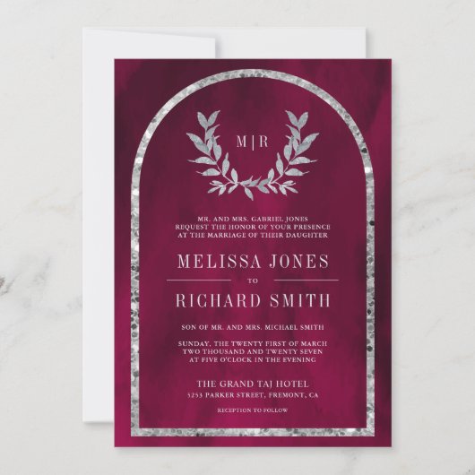 Silver Laurel Wreath Blätter Fuchsia Pink Wedding Einladung (Vorderseite)