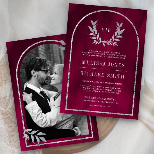 Silver Laurel Wreath Blätter Fuchsia Pink Wedding Einladung