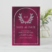 Silver Laurel Wreath Blätter Fuchsia Pink Wedding Save The Date (Stehend Vorderseite)