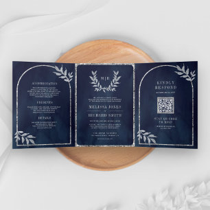 Silver Laurel Wreath Blätter Navy Blue Wedding Dreifach Gefaltete Einladung
