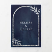 Silver Laurel Wreath Blätter Navy Blue Wedding Dreifach Gefaltete Einladung (Cover)