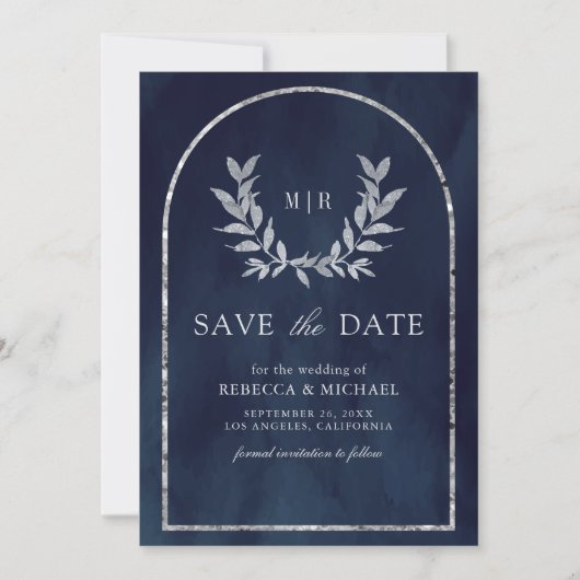 Silver Laurel Wreath Blätter Navy Blue Wedding Save The Date (Vorderseite)
