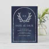 Silver Laurel Wreath Blätter Navy Blue Wedding Save The Date (Stehend Vorderseite)